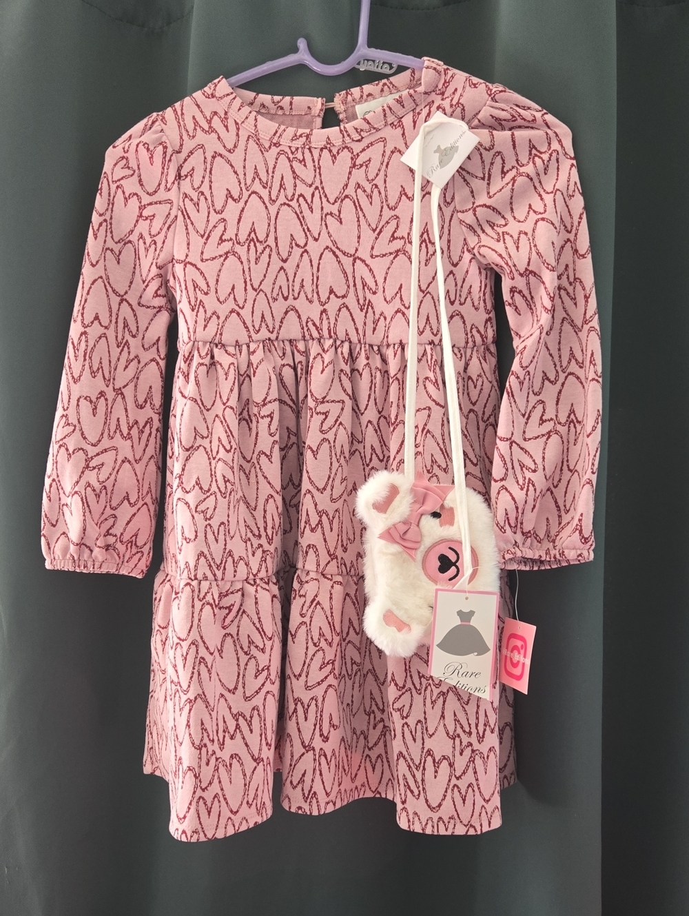 Rare Editions Pink Heart Tiered Long Sleeve Dress with Faux Fur Heart Bag